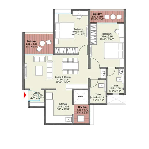 Kohinoor Uptown Avenue Punawale 2BHK Floorplan